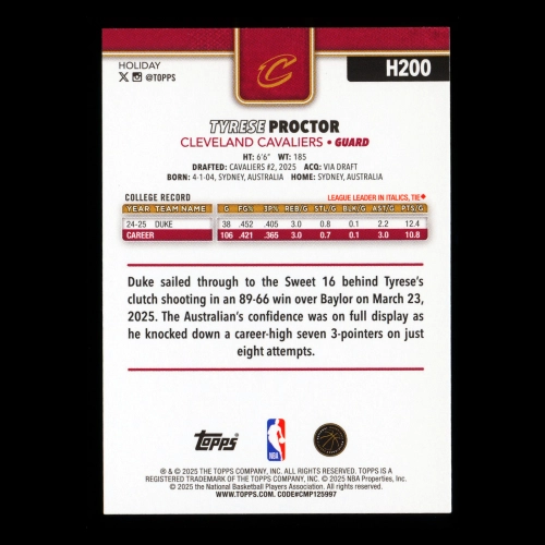 Tyrese Proctor RC 2025-26 Topps Holiday Rookie Cavaliers