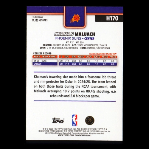 Khaman Maluach RC 2025-26 Topps Holiday Rookie Suns