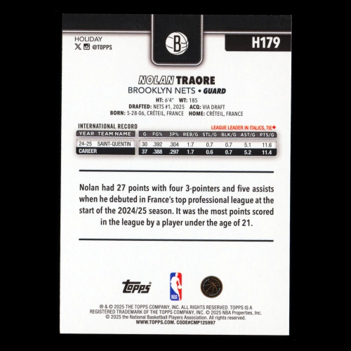 Nolan Traore RC 2025-26 Topps Holiday Rookie Nets