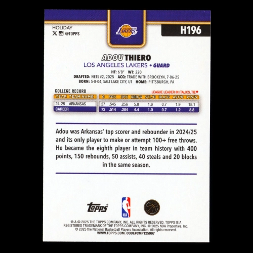 Adou Thiero RC 2025-26 Topps Holiday Rookie Lakers