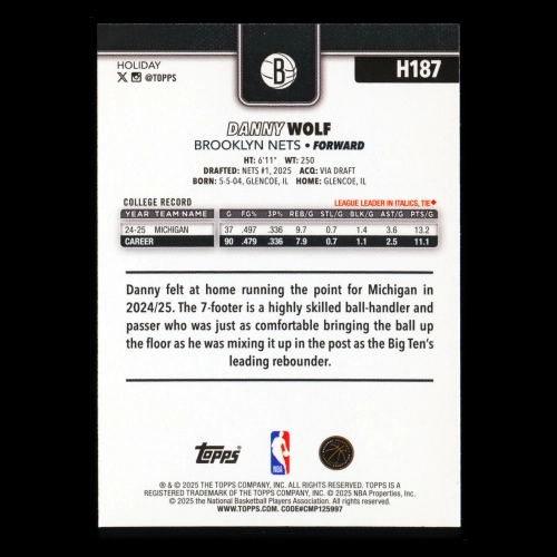 Danny Wolf RC 2025-26 Topps Holiday Rookie Nets