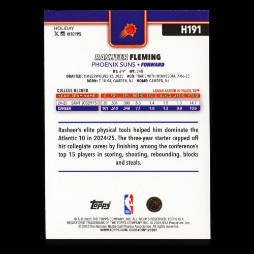 Rasheer Fleming RC 2025-26 Topps Holiday Rookie Suns