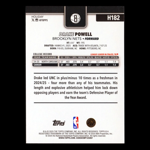 Drake Powell RC 2025-26 Topps Holiday Rookie Nets