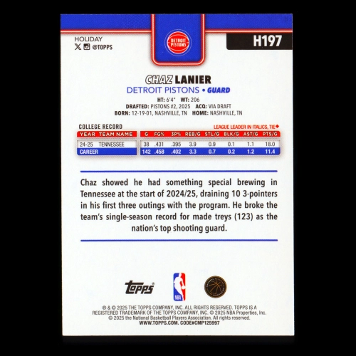 Chaz Lanier RC 2025-26 Topps Holiday Rookie Pistons