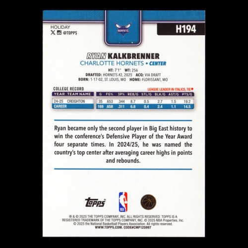 Ryan Kalkbrenner RC 2025-26 Topps Holiday Rookie Hornets