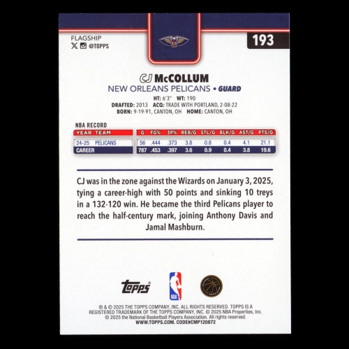 CJ McCollum 2025-26 Topps Silver Holo Foil Pelicans
