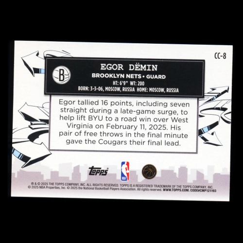 Egor Demin RC 2025-26 Topps Clutch City Prospects Rookie Nets