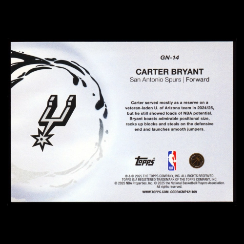 Carter Bryant RC 2025-26 Topps Generation Now Rookie Spurs