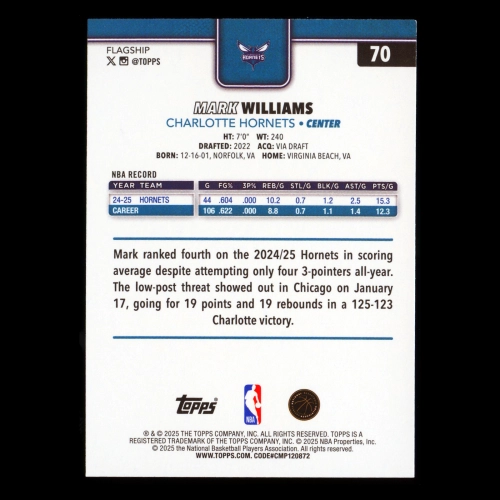 Mark Williams 2025-26 Topps Season Tip Off Hornets