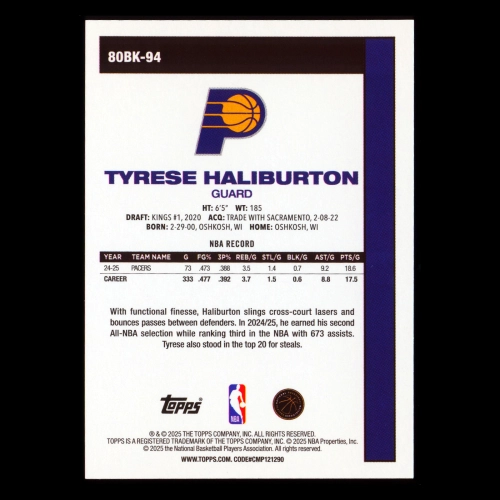 Tyrese Haliburton 2025-26 Topps '80-81 Topps Retro Pacers