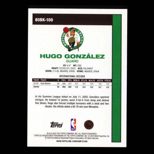Hugo Gonzalez RC 2025-26 Topps '80-81 Topps Retro Rookie Celtics