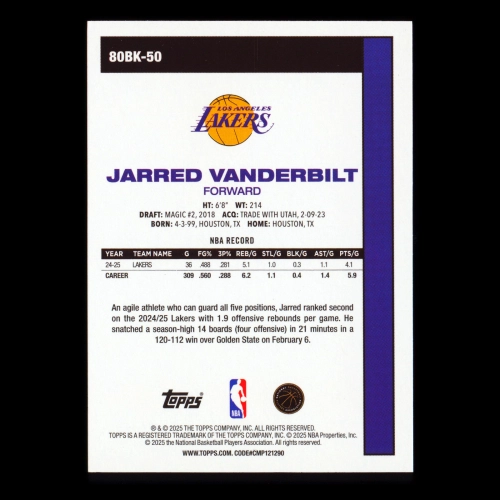 Jarred Vanderbilt 2025-26 Topps '80-81 Topps Retro Lakers