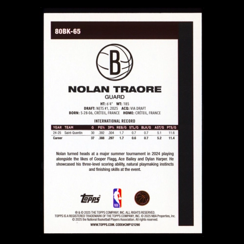 Nolan Traore RC 2025-26 Topps '80-81 Topps Retro Rookie Nets