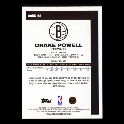 Drake Powell RC 2025-26 Topps '80-81 Topps Retro Rookie Nets