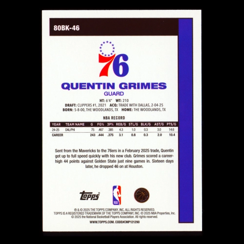 Quentin Grimes 2025-26 Topps '80-81 Topps Retro 76ers