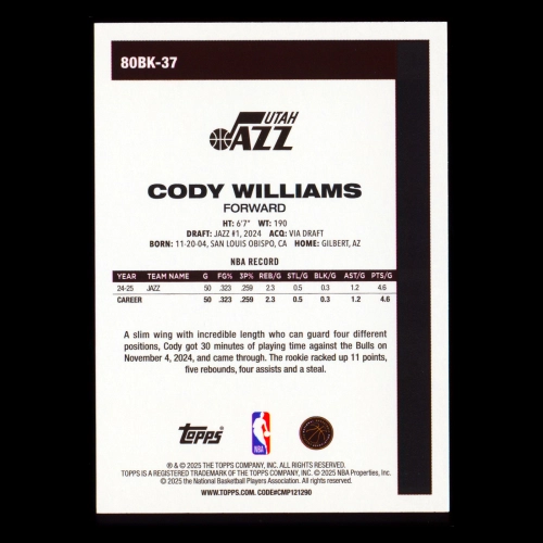 Cody Williams 2025-26 Topps '80-81 Topps Retro Jazz