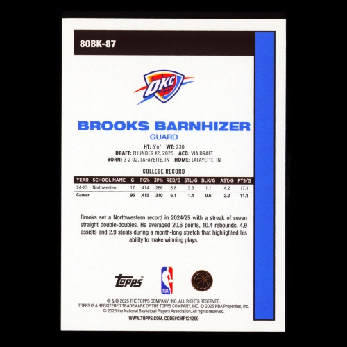 Brooks Barnhizer RC 2025-26 Topps '80-81 Topps Retro Rookie Thunder