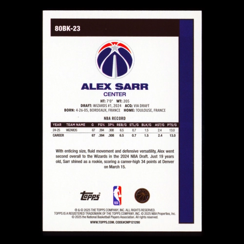 Alex Sarr 2025-26 Topps '80-81 Topps Retro Wizards