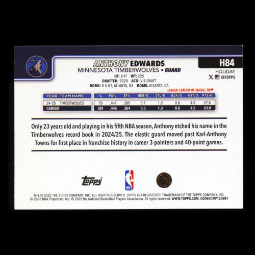 Anthony Edwards 2025-26 Topps Holiday Timberwolves
