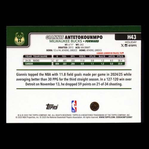 Giannis Antetokounmpo 2025-26 Topps Holiday Bucks