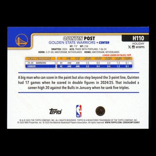 Quinten Post 2025-26 Topps Holiday Blue Metallic Glitter Holiday Warriors