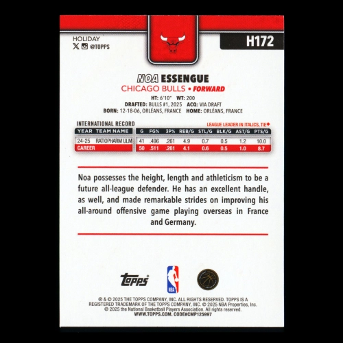 Noa Essengue RC 2025-26 Topps Holiday Glitter Holiday Rookie Bulls