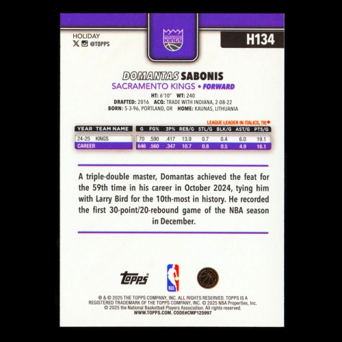 Domantas Sabonis 2025-26 Topps Holiday Glitter Holiday Kings