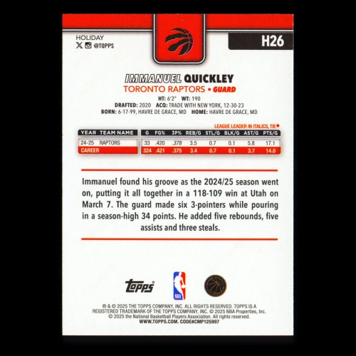 Immanuel Quickley 2025-26 Topps Holiday Glitter Holiday Raptors