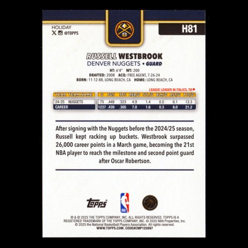 Russell Westbrook 2025-26 Topps Holiday Glitter Holiday Nuggets