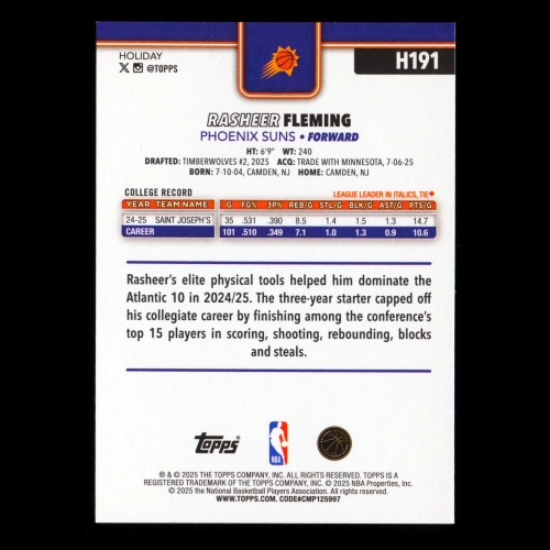 Rasheer Fleming RC 2025-26 Topps Holiday Rookie Suns