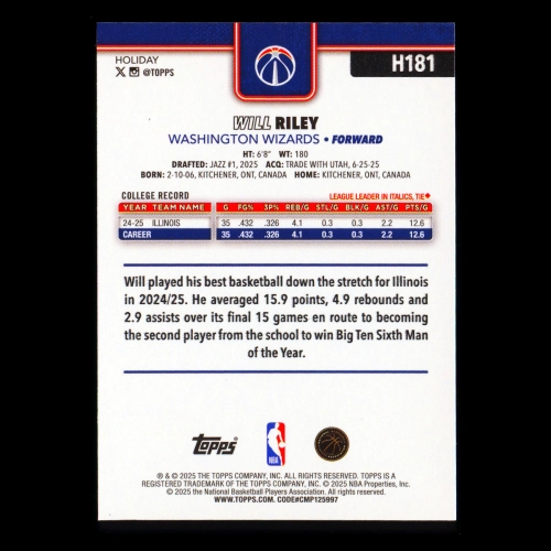 Will Riley RC 2025-26 Topps Holiday Rookie Wizards