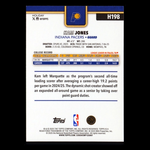 Kam Jones RC 2025-26 Topps Holiday Rookie Pacers