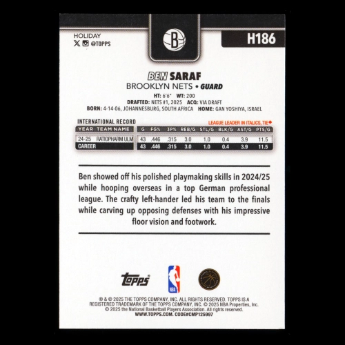 Ben Saraf RC 2025-26 Topps Holiday Rookie Nets