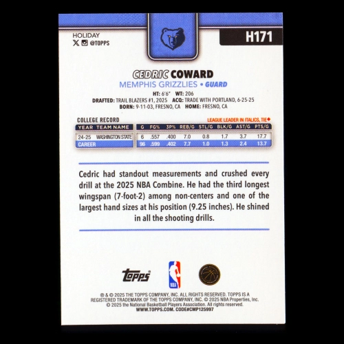Cedric Coward RC 2025-26 Topps Holiday Rookie Grizzlies