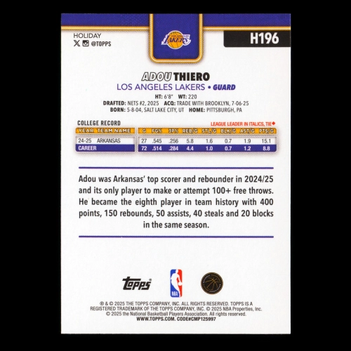 Adou Thiero RC 2025-26 Topps Holiday Rookie Lakers