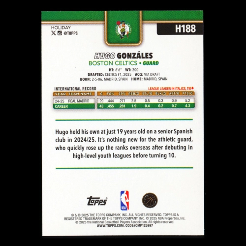 Hugo Gonzales RC 2025-26 Topps Holiday Rookie Celtics