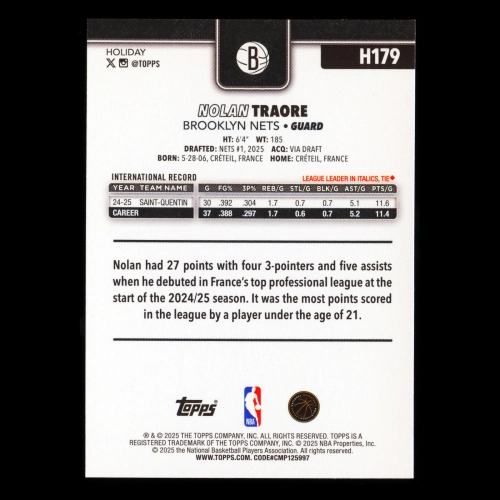 Nolan Traore RC 2025-26 Topps Holiday Rookie Nets