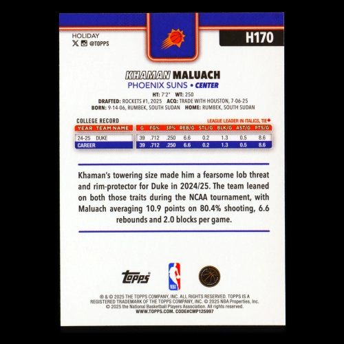 Khaman Maluach RC 2025-26 Topps Holiday Rookie Suns