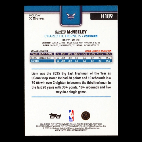 Liam McNeeley RC 2025-26 Topps Holiday Rookie Hornets