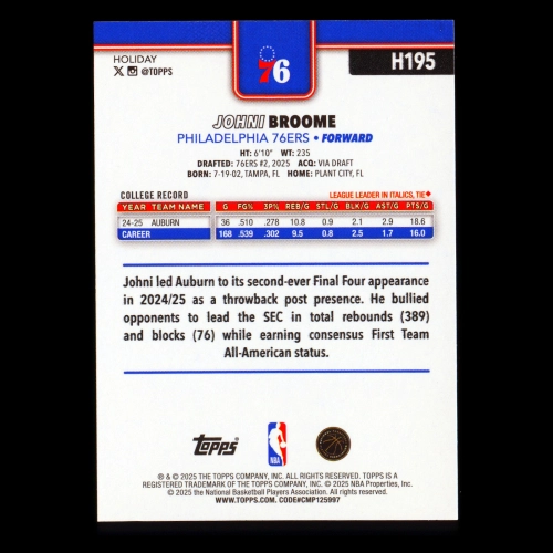 Johni Broome RC 2025-26 Topps Holiday Rookie 76ers
