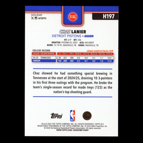 Chaz Lanier RC 2025-26 Topps Holiday Rookie Pistons