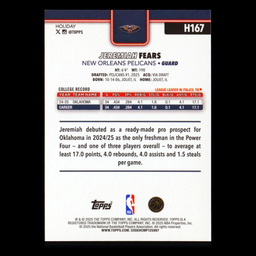 Jeremiah Fears RC 2025-26 Topps Holiday Rookie Pelicans