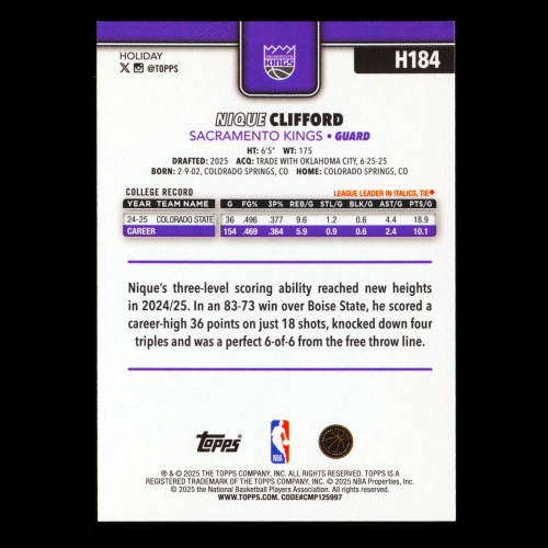 Nique Clifford RC 2025-26 Topps Holiday Rookie Kings