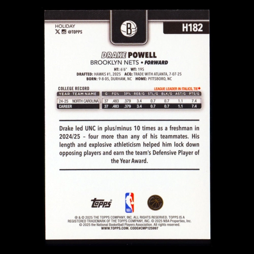 Drake Powell RC 2025-26 Topps Holiday Rookie Nets