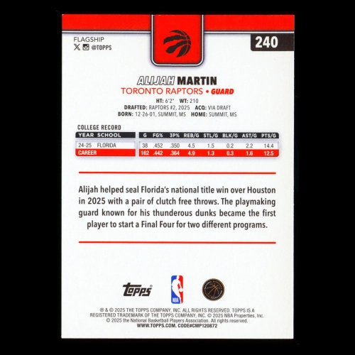 Alijah Martin RC 2025-26 Topps Rookie Raptors