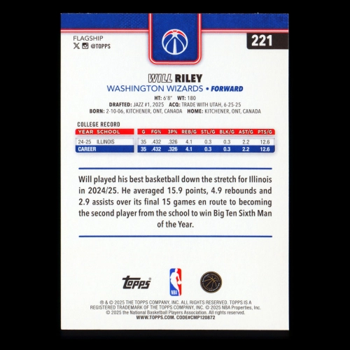 Will Riley RC 2025-26 Topps Rookie Wizards