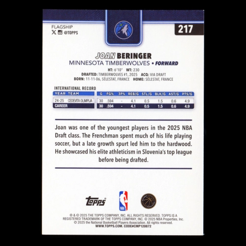 Joan Beringer RC 2025-26 Topps Rookie Timberwolves