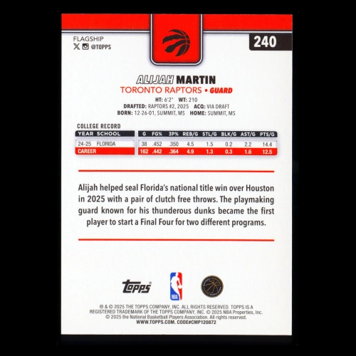 Alijah Martin RC 2025-26 Topps Rookie Raptors