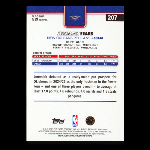 Jeremiah Fears RC 2025-26 Topps Rookie Pelicans