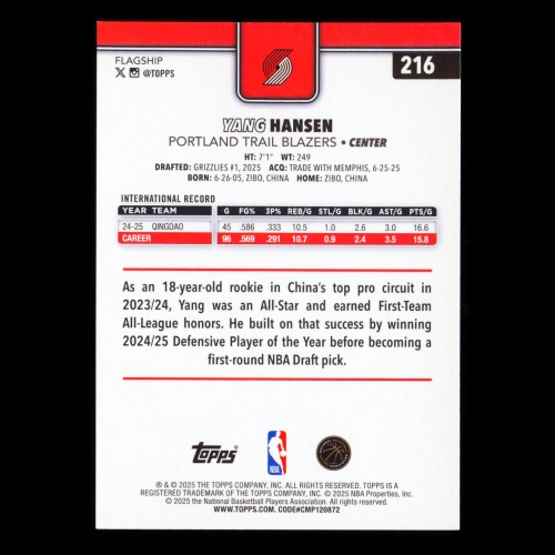 Yang Hansen RC 2025-26 Topps Rookie Trail Blazers